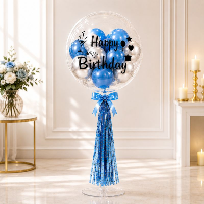 Happy Birthday Bobo Balloon Bouquet Set with Table Stand Ribbon and Metallic Balloons 15 Pcs