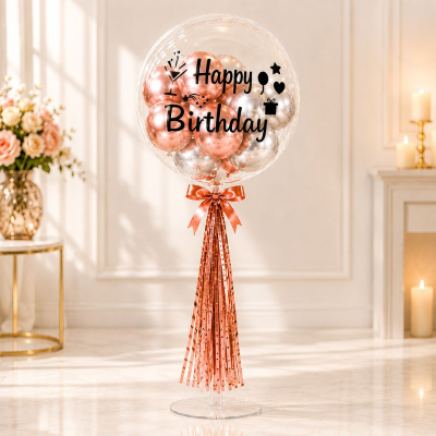 Happy Birthday Bobo Balloon Bouquet Set with Table Stand Ribbon and Metallic Balloons 15 Pcs