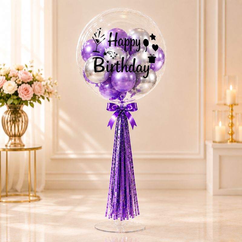 Happy Birthday Bobo Balloon Bouquet Set with Table Stand Ribbon and Metallic Balloons 15 Pcs