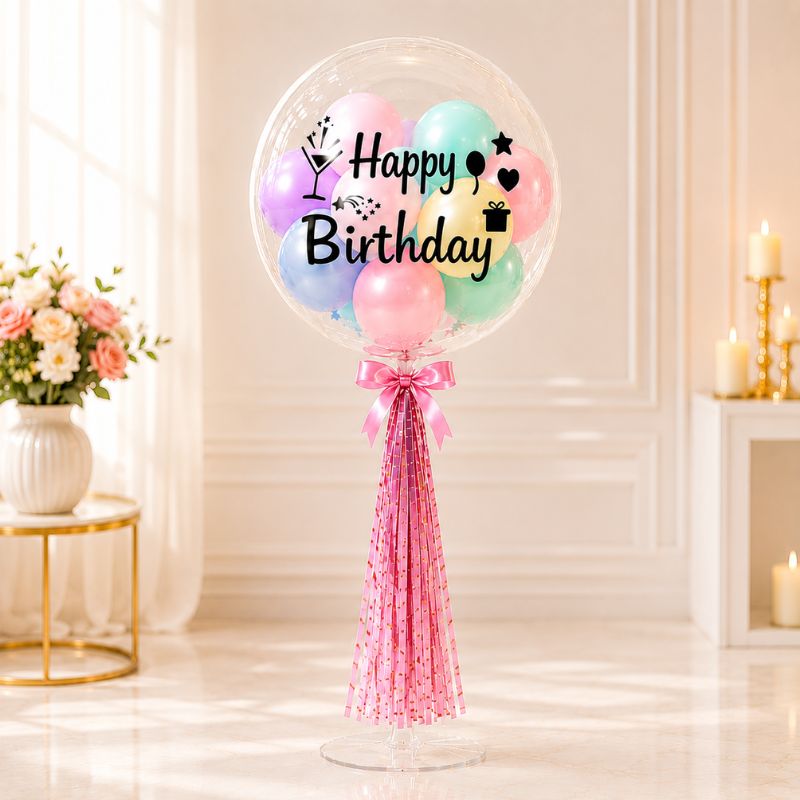 Happy Birthday Bobo Balloon Bouquet Set with Table Stand Ribbon and Metallic Balloons 15 Pcs