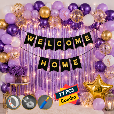 Welcome Home Party Decoration Package Purple Theme Balloon Garland Kit with Gold Star Foil Balloon 77 Pcs
