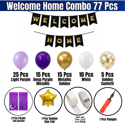 Welcome Home Party Decoration Package Purple Theme Balloon Garland Kit with Gold Star Foil Balloon 77 Pcs