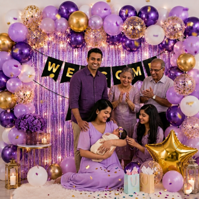 Welcome Home Party Decoration Package Purple Theme Balloon Garland Kit with Gold Star Foil Balloon 77 Pcs