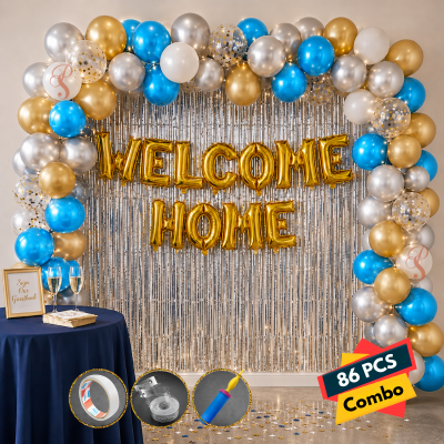Welcome Home Balloon Garland Kit Blue Gold and Silver Party Decoration Set with Foil Fringe Curtain 86 Pcs