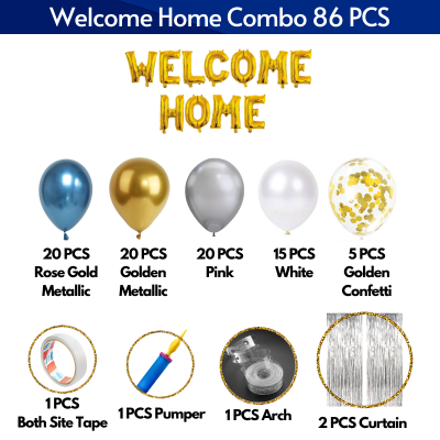 Welcome Home Balloon Garland Kit Blue Gold and Silver Party Decoration Set with Foil Fringe Curtain 86 Pcs