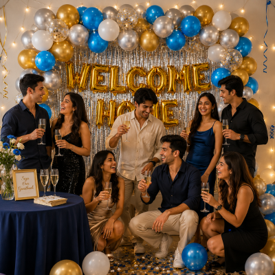 Welcome Home Balloon Garland Kit Blue Gold and Silver Party Decoration Set with Foil Fringe Curtain 86 Pcs