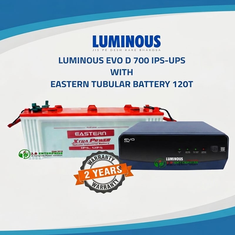 Picture of Luminous EVO D 700 IPS UPS 700VA with Eastern Tubular Industrial Battery 120T 12V Combo | Modified Square Wave | For 3 Fan 6 Lights
