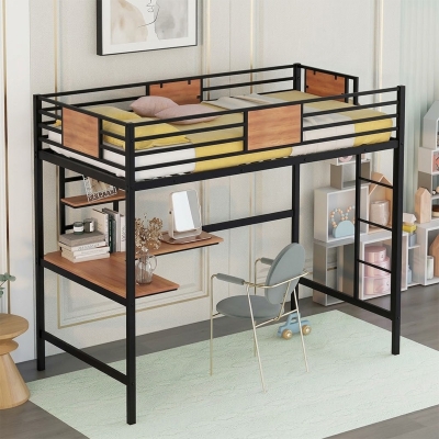 Picture of Twin Metal Loft Bed Frame with Desk and Shelf DLB-903