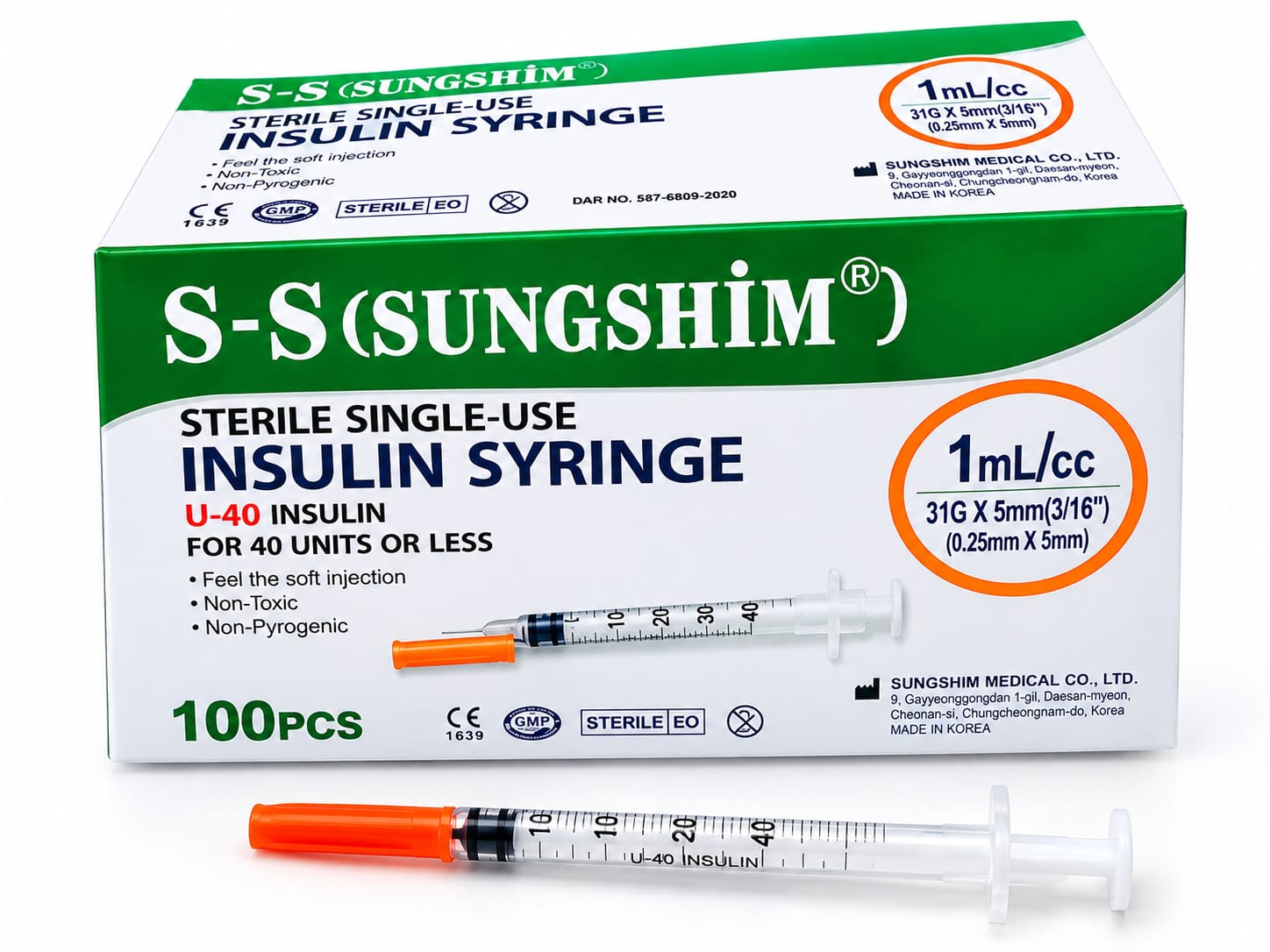 Picture of S-S SUNGSHIM® U-40 Insulin Syringe 1mL, 31G × 5mm | 100 Pieces