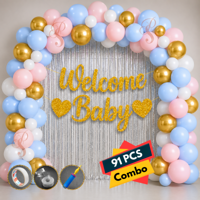Welcome Baby Party Decoration Combo Set with Balloon Banner and Silver Foil Backdrop Package 91 Pcs