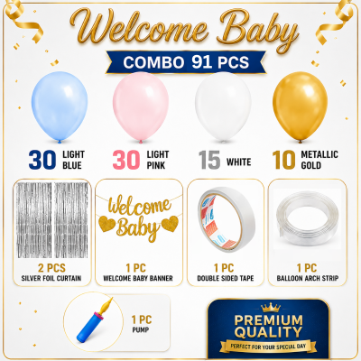 Welcome Baby Party Decoration Combo Set with Balloon Banner and Silver Foil Backdrop Package 91 Pcs