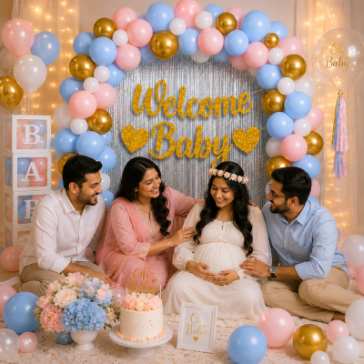 Welcome Baby Party Decoration Combo Set with Balloon Banner and Silver Foil Backdrop Package 91 Pcs