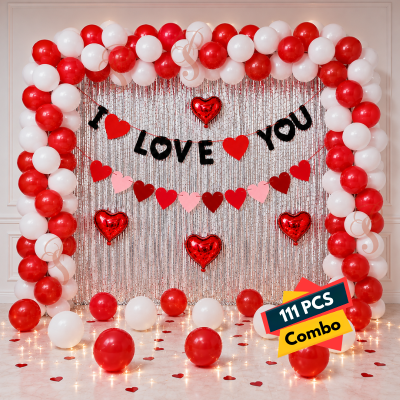 I Love You Heart Theme Decoration Combo Pack for Romantic Valentines Day Anniversary and Proposals 111 Pcs