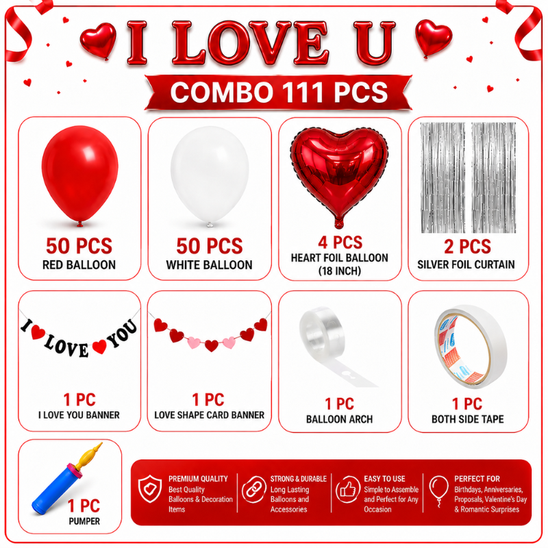I Love You Heart Theme Decoration Combo Pack for Romantic Valentines Day Anniversary and Proposals 111 Pcs