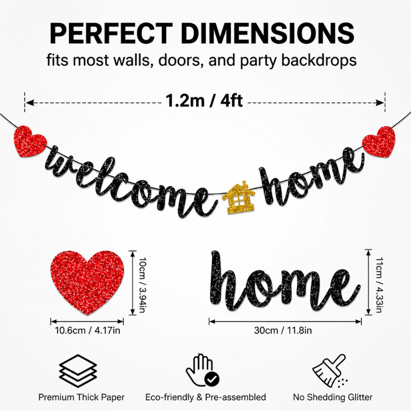 Premium Welcome Home Glitter Cursive Banner for New House Family Reunion and Homecoming Parties 1 Pc Set