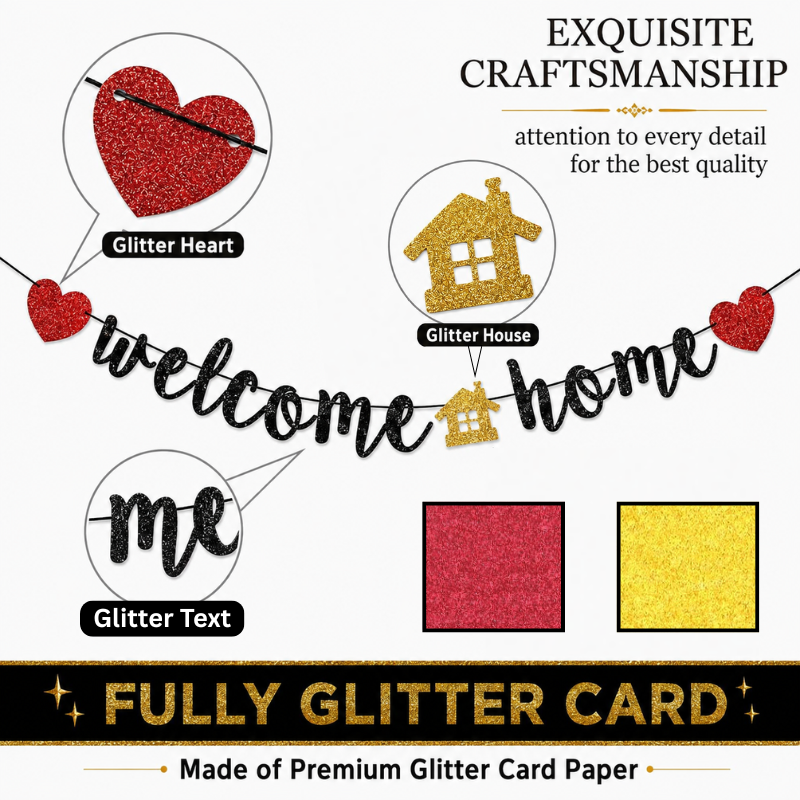 Premium Welcome Home Glitter Cursive Banner for New House Family Reunion and Homecoming Parties 1 Pc Set
