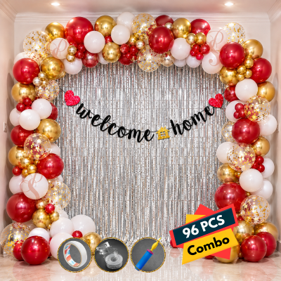 Welcome Home Decoration Combo Kit Metallic Arch Balloons Glitter Banner and Hand Pumper Set 96 Pcs