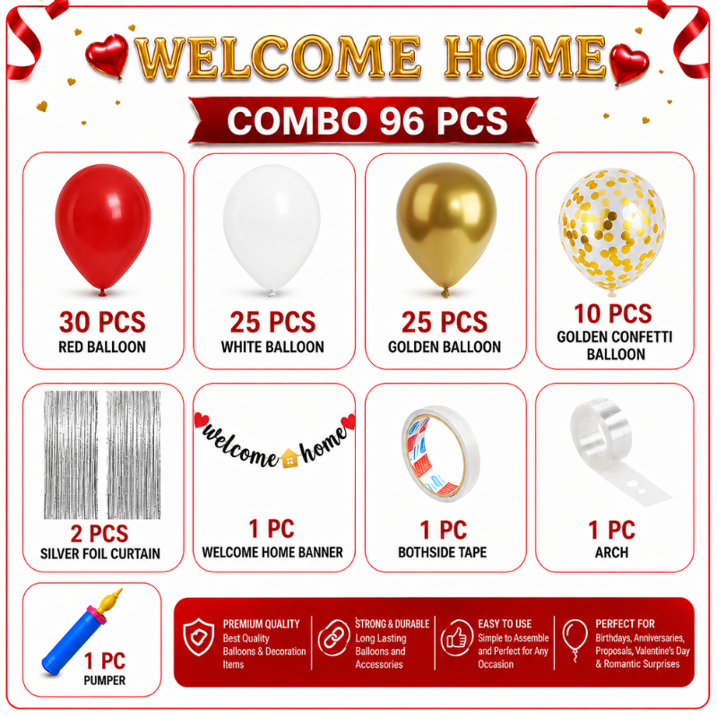Welcome Home Decoration Combo Kit Metallic Arch Balloons Glitter Banner and Hand Pumper Set 96 Pcs