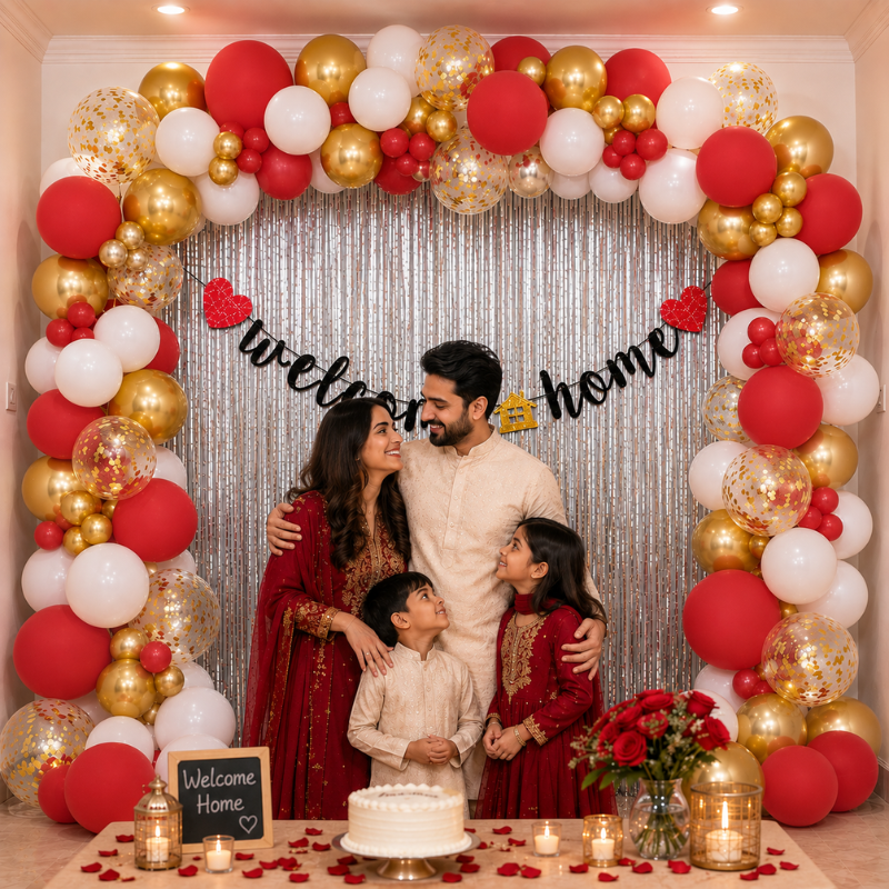 Welcome Home Decoration Combo Kit Metallic Arch Balloons Glitter Banner and Hand Pumper Set 96 Pcs