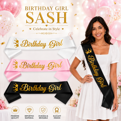 Elegant Birthday Girl Sash with Gold Crown Print Soft and Reusable Birthday Party Sash for Girls 1 Pc