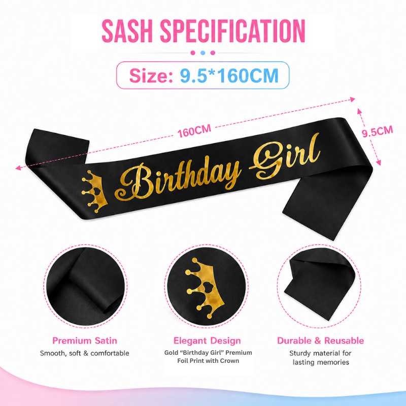 Elegant Birthday Girl Sash with Gold Crown Print Soft and Reusable Birthday Party Sash for Girls 1 Pc