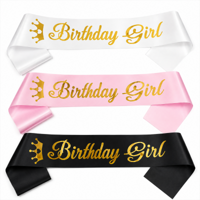 Elegant Birthday Girl Sash with Gold Crown Print Soft and Reusable Birthday Party Sash for Girls 1 Pc