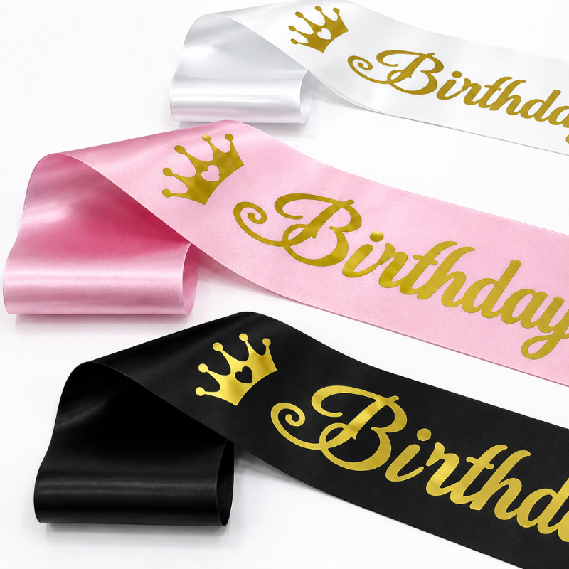 Elegant Birthday Girl Sash with Gold Crown Print Soft and Reusable Birthday Party Sash for Girls 1 Pc