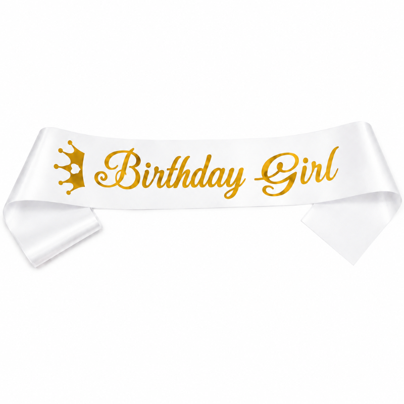 Elegant Birthday Girl Sash with Gold Crown Print Soft and Reusable Birthday Party Sash for Girls 1 Pc