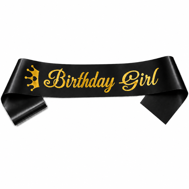 Elegant Birthday Girl Sash with Gold Crown Print Soft and Reusable Birthday Party Sash for Girls 1 Pc