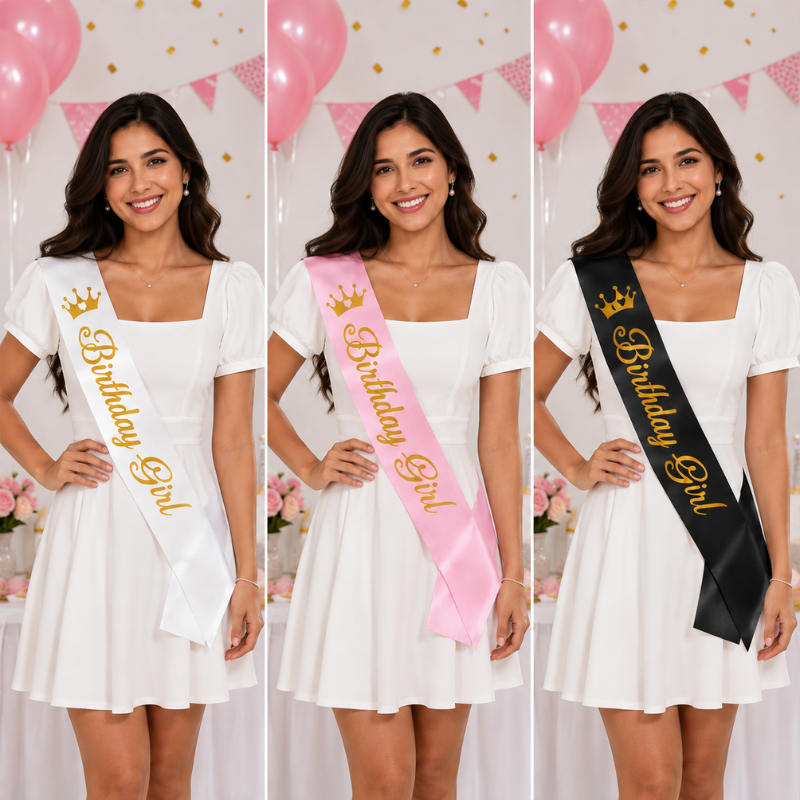 Elegant Birthday Girl Sash with Gold Crown Print Soft and Reusable Birthday Party Sash for Girls 1 Pc