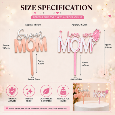 Super MOM and I Love You MOM Cake Topper Ideal Mom Celebration Cake Decor for Mothers Day and Mom Birthday 1 Pc