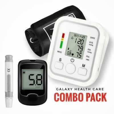 Picture of Digital Arm BP Blood Pressure Monitor Tensiometer Tonometer Automatic Sphygmomanometer + Blood Glucose Meter with Test Strips - White - Int: One size