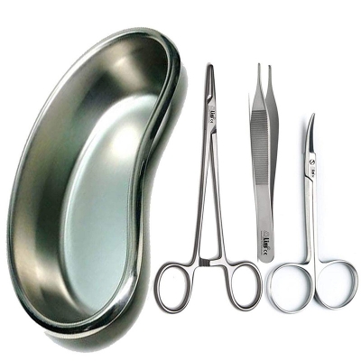 Picture of Needle Holder, Adsion Forceps, Iris Scissor With Kidney Tray | Suture Set & Kidney Tray (Kidney Tray with Suturing Set) - Int: One size