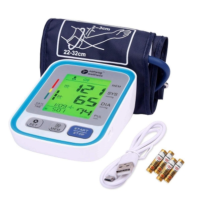 Picture of Fully Automatic Upper Arm Digital Blood Pressure Monitor Machine with Normal Sized Cuff having USB Cable & Battery - Multicolor