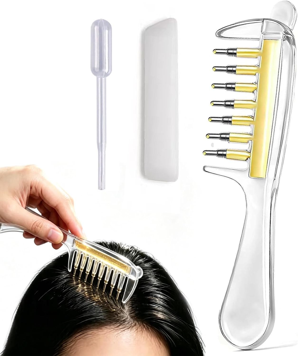 Picture of Transparent Essential Hair Oil Applicator Massage Comb with Built-In Liquid Reservoir, Rolling Metal Teeth- 1pcs