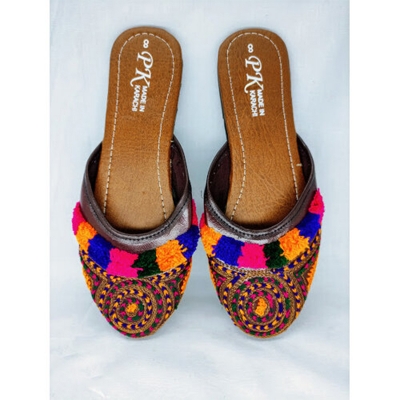 Picture of Ladies Nagra or Pk Flat Shoes, Flat Sandals, Eid Fashion Sandals (Ochre Brown,EU:38)