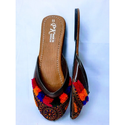 Picture of Ladies Nagra or Pk Flat Shoes, Flat Sandals, Eid Fashion Sandals (Ochre Brown,EU:38)