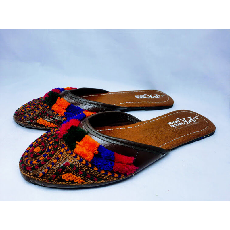 Picture of Ladies Nagra or Pk Flat Shoes, Flat Sandals, Eid Fashion Sandals (Ochre Brown,EU:39)