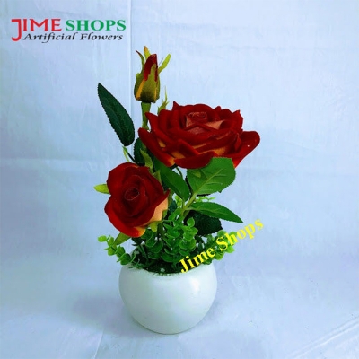 Picture of Artificial 3 Rose Flower & Plant 8 Inc Plastic Pot For Any Kind Of Decoration, Jime shops flowers & Plants (Red)