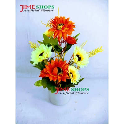 Picture of Artificial Mix Sun Flower & Plant In Plastic pot 11inc/18cm - Home Decoration Item - Home Decoration Item (Yellow & Orange)