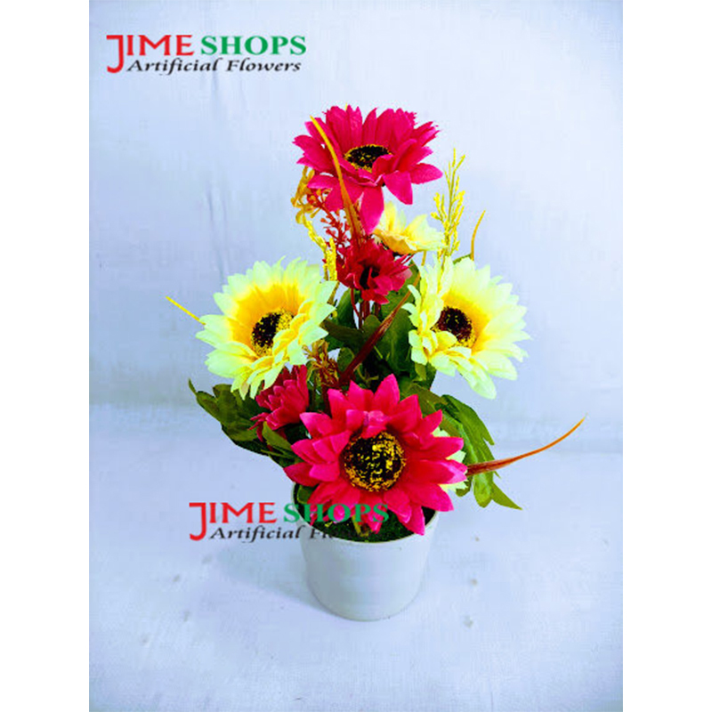 Picture of Artificial Mix Sun Flower & Plant In Plastic pot 11inc/18cm - Home Decoration Item - Home Decoration Item (White & Magenta)