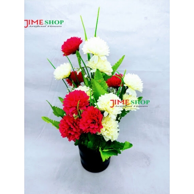 Picture of Artificial Marigold Flower & Plant In Plastic Pot 11Inc/18Cm - Home Decoration Item - artificial flower (White & Red)