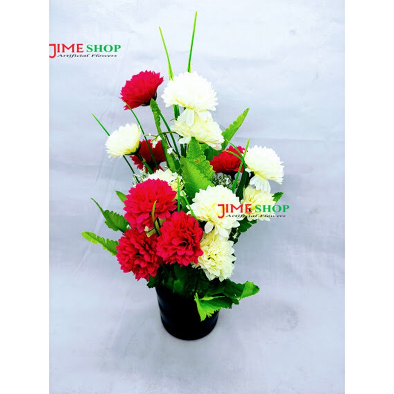 Picture of Artificial Marigold Flower & Plant In Plastic Pot 11Inc/18Cm - Home Decoration Item - artificial flower (White & Red)
