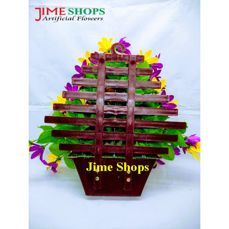 Picture of Wall Hanging Artificial Flower With Plastic Tob Or Basket 10 Inc Long - Home Decoration Item (Yellow Violet & Tob)