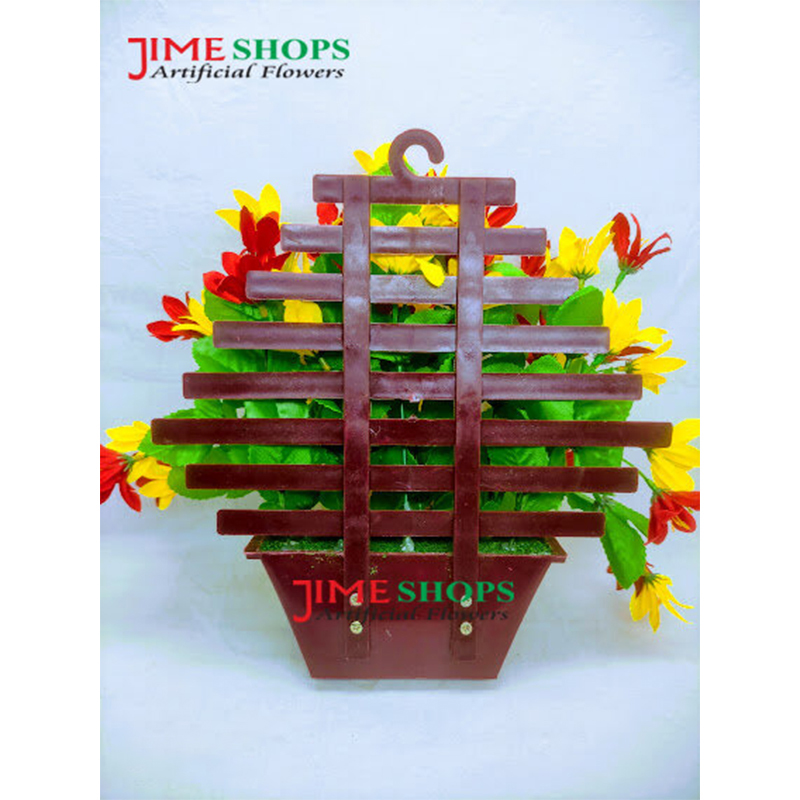 Picture of Wall Hanging Artificial Flower With Plastic Tob Or Basket 10 Inc Long - Home Decoration Item (Red yellow & tob)