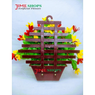 Picture of Wall Hanging Artificial Flower With Plastic Tob Or Basket 10 Inc Long - Home Decoration Item (Red yellow & tob)