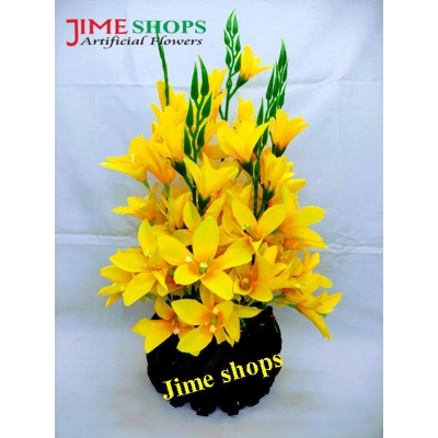 Picture of Artificial Gladiolus Illyricus Flower In Round Bamboo Tob-14inc/36cm (Yellow GL illyricus)
