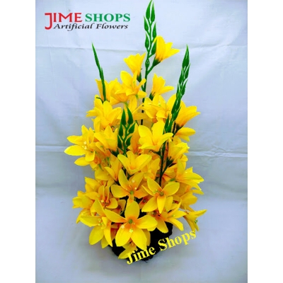 Picture of Artificial Gladiolus Illyricus Flower In Round Bamboo Tob-14inc/36cm (Yellow GL illyricus)