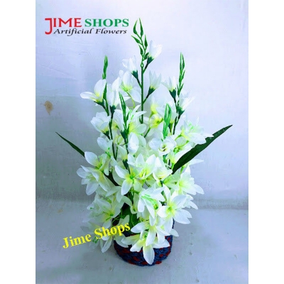 Picture of Artificial Gladiolus Illyricus Flower In Round Bamboo Tob-14inc/36cm (White GL illyricus)