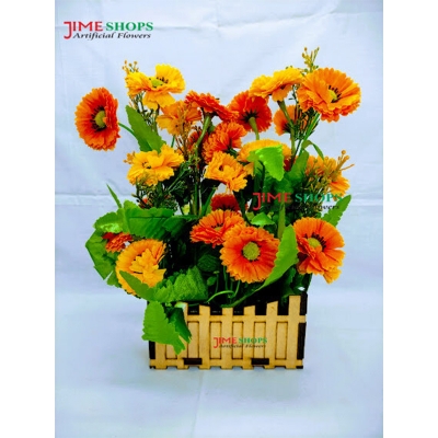 Picture of Artificial Daisy Flower In Design Wooden Tob 11Inc For Any Kind Of Decoration -  Home Decoration Item (Yellow & Orange Daisy Wooden)